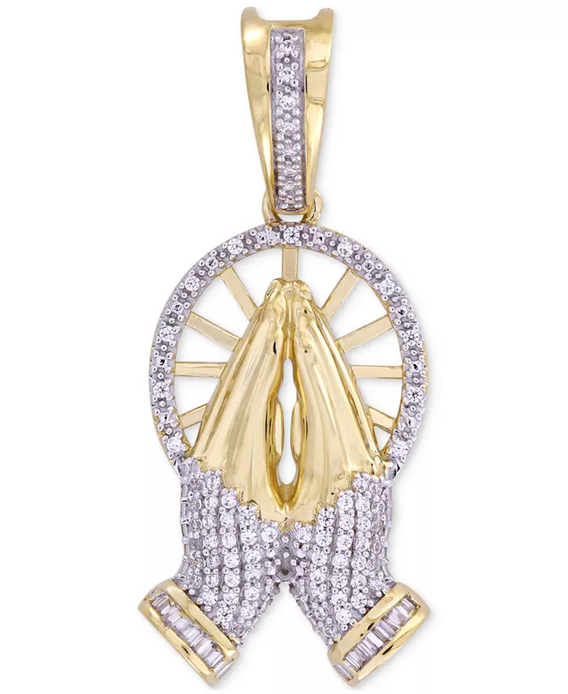 [10K , 1/6 Ct. T.W.] Gold Diamond Round & Baguette Praying Hands Pendant