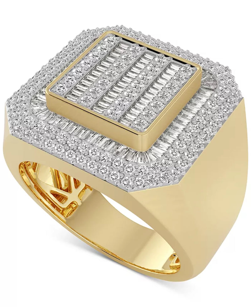 [10K, 1-1/4 Ct. T.W.] Gold Men's Diamond Round & Baguette Square Halo Cluster Ring