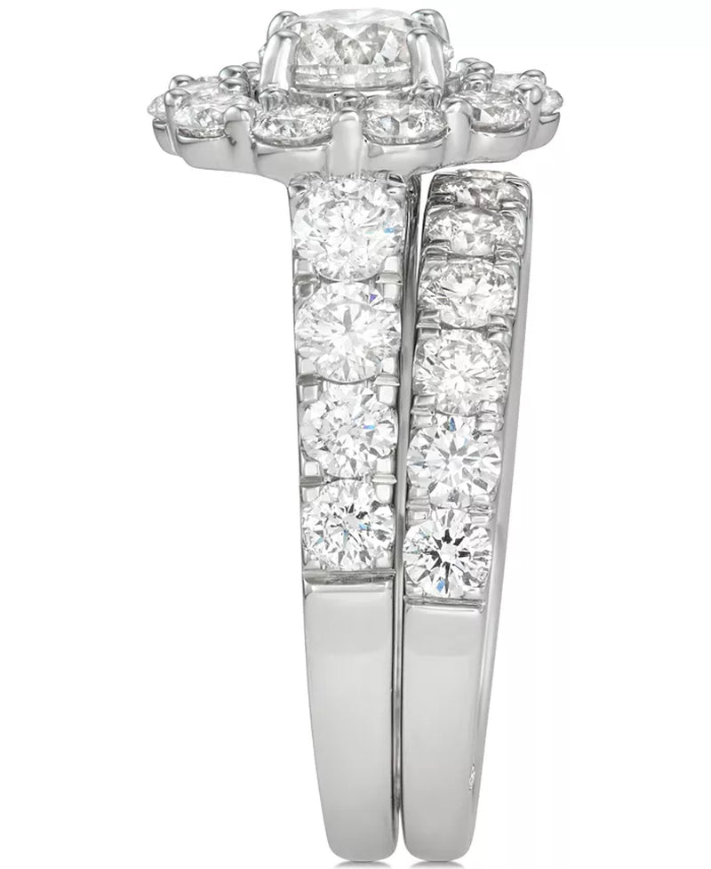 [18K, 3 Ct. T.W.] White Gold Diamond Round Halo Bridal Set