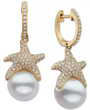 [14K, 3/4 Ct. T.W.] Gold Cultured Freshwater Pearl (9-1/2Mm) & Diamond Starfish Drop Earrings 