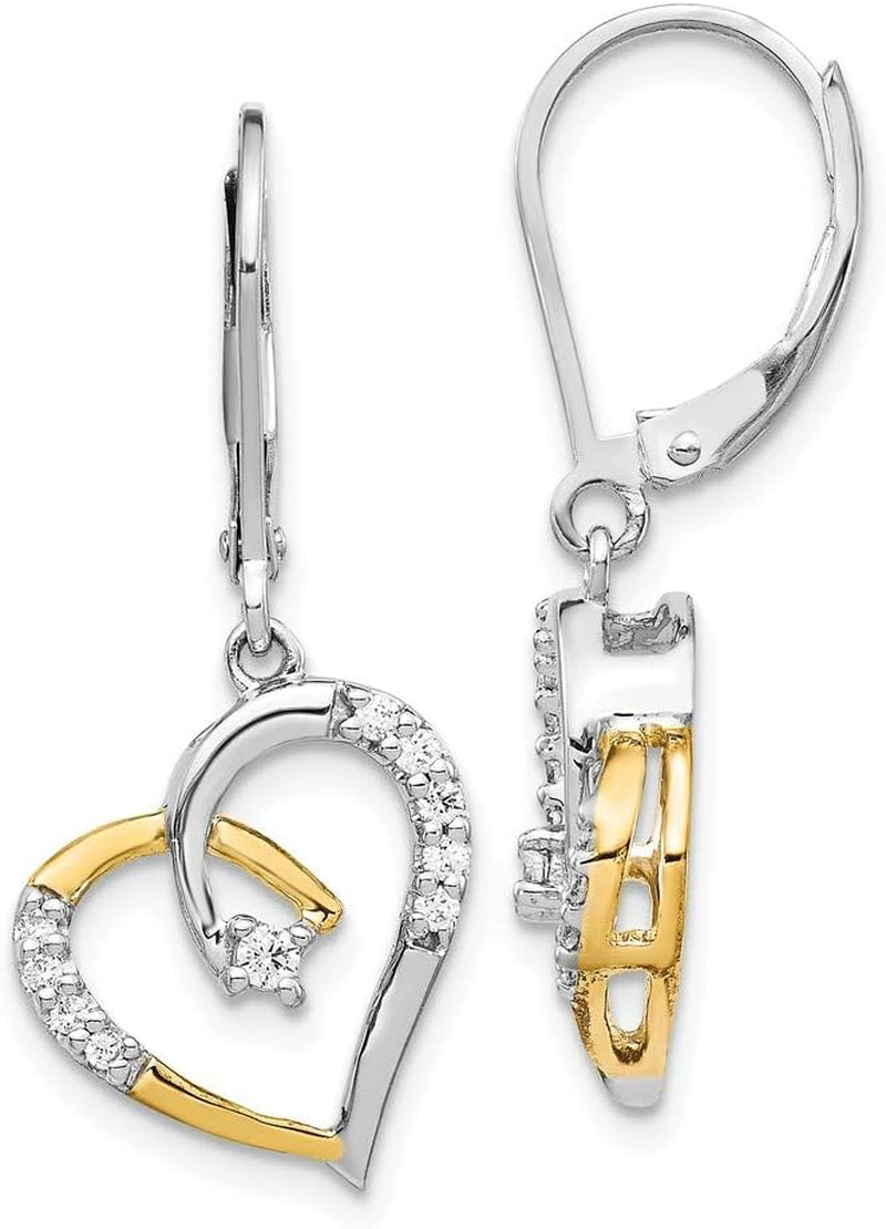 [14K] Yellow & White Gold Diamond Heart Leverback Earrings