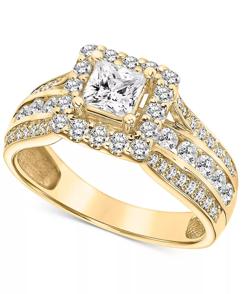 [14K, 1-1/2 Ct. T.W] Gold Diamond Princess Halo Triple Row Engagement Ring