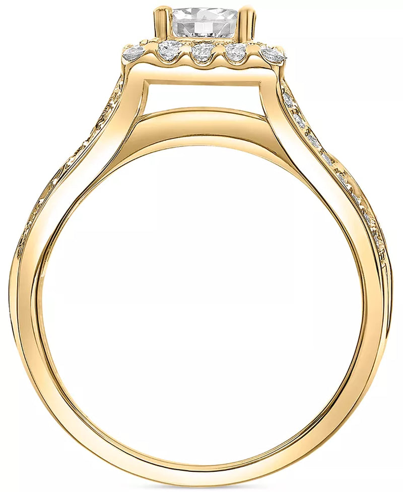 [14K, 1-1/2 Ct. T.W.] Gold Diamond Princess Halo Triple Row Engagement Ring