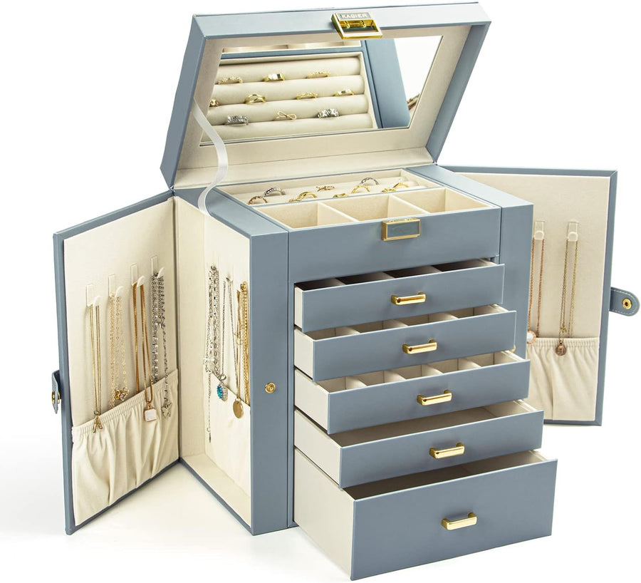 6-Layer Large Jewelry Organizer Box with Mirror & 5 Drawers