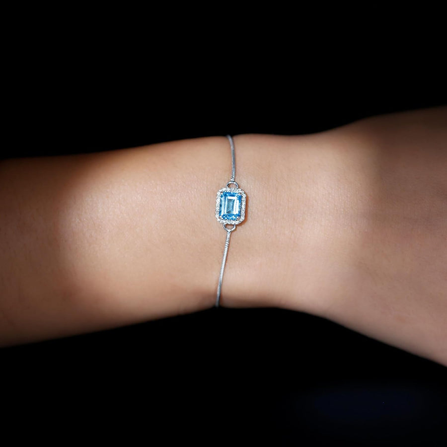 Natural Swiss Blue Emerald Cut Topaz Diamond Bracelet