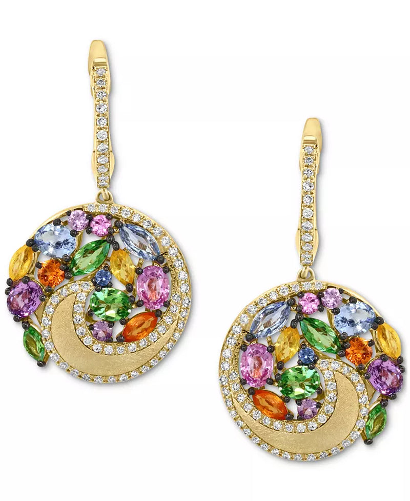 [14K] Gold Multi-Gemstone (3-1/6 Ct. T.W.) & Diamond (3/8 Ct. T.W.) Swirling Dangle Hoop Earrings