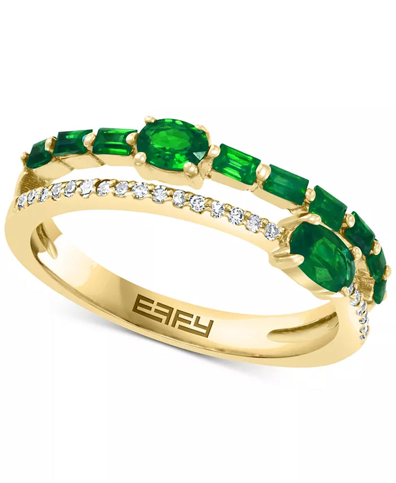 [14K] Gold Emerald (3/4 Ct. T.W.) & Diamond (1/10 Ct. T.W.) Stack Look Double Row Ring