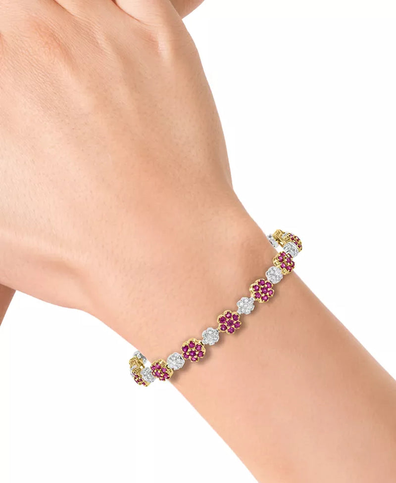 [1-1/10 Ct. T.W.] 14K Two-Tone Gold Diamond & Ruby Flower Link Bracelet