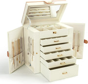 6-Layer Large Jewelry Organizer Box with Mirror & 5 Drawers