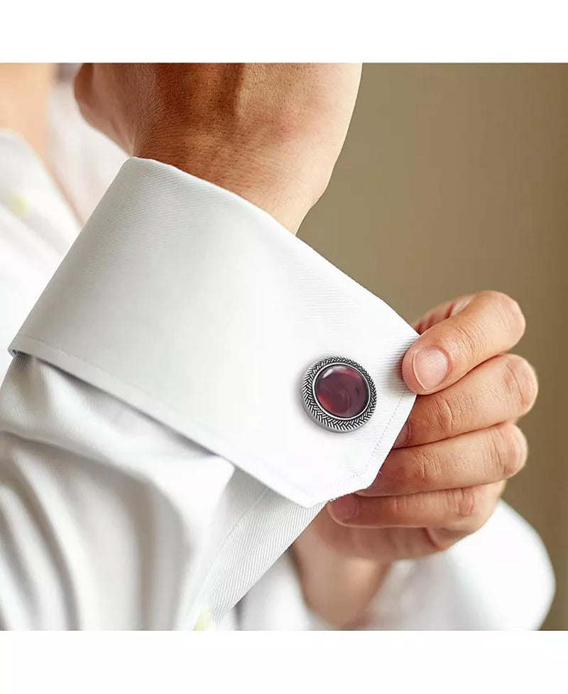 Burgundy Gemstone Cufflinks with Antique Silver Braided Border