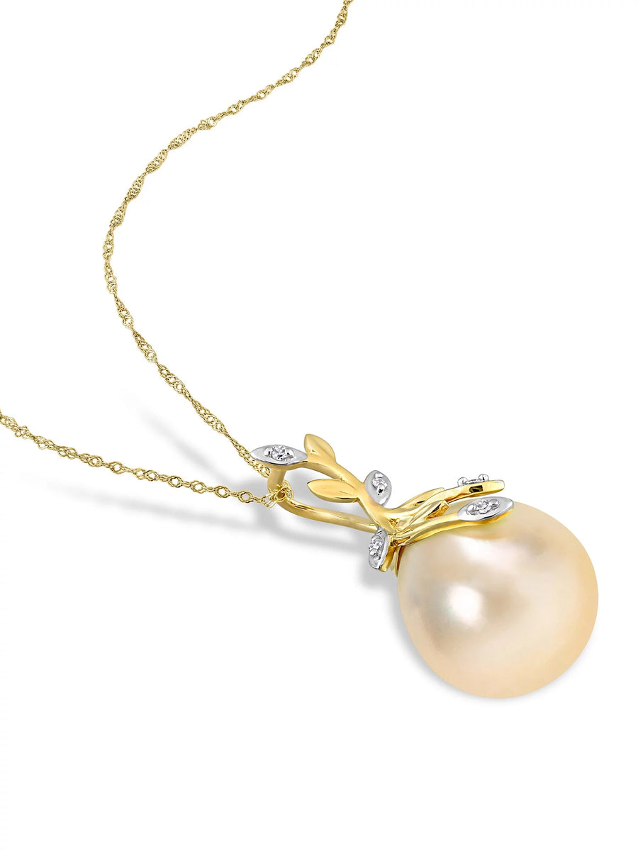 [14K] Yellow Gold Cultured Drop Shape Pearl & Diamond  Necklace