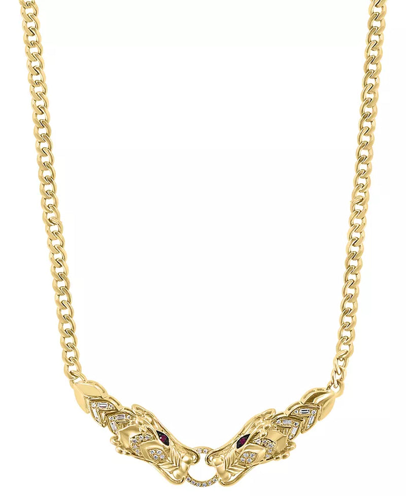 [14K Gold Diamond (1/3 Ct. T.W.) & Ruby (1/10 Ct. T.W.) Two Dragon Head 17" Statement Necklace