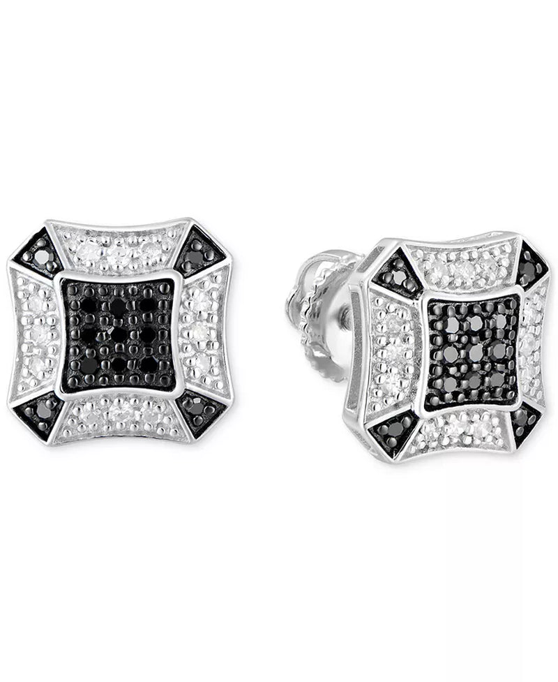 [1/4 Ct. T.W.] Men's Sterling Silver Black & White Diamond Cluster Stud Earrings