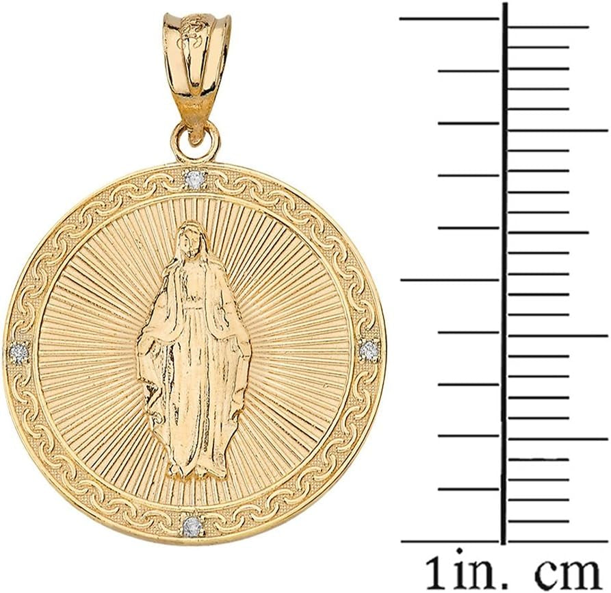 [14K] Yellow Gold Blessed Virgin Mary Miraculous Medal Diamond Necklace