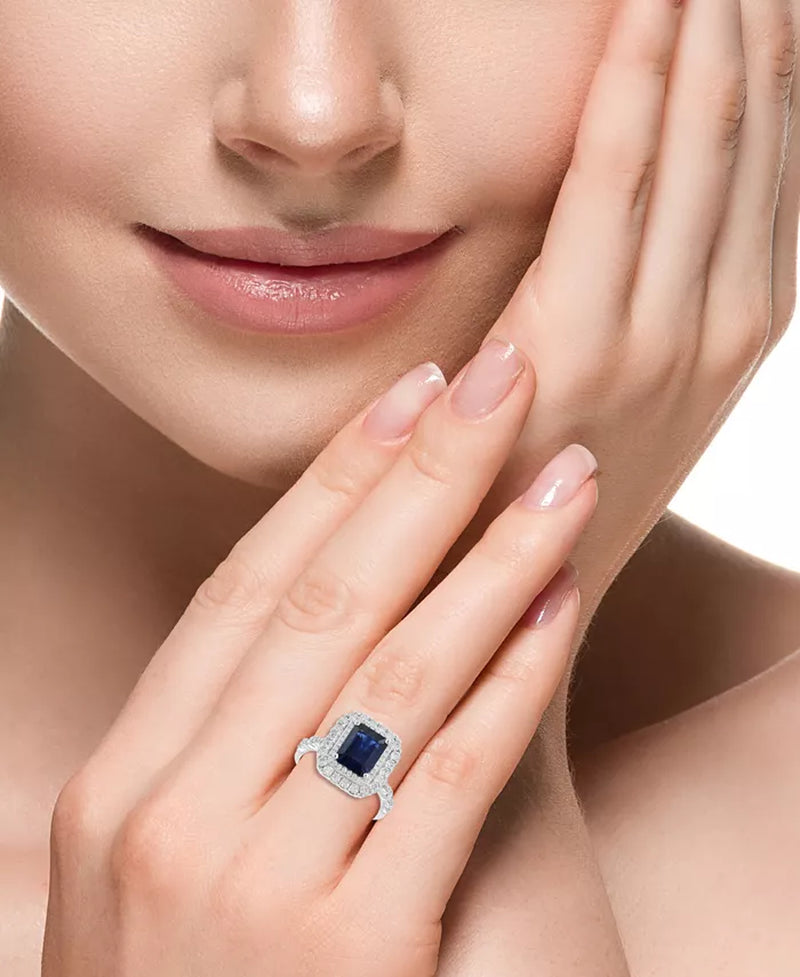 EFFYÂ® Emerald-Cut Blue Sapphire (2-3/8 Ct. T.W.) & Diamond (7/8 Ct. T.W.) Double Halo Ring in 14K White Gold