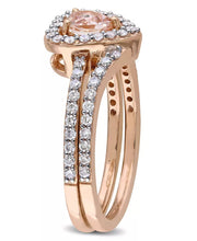 [10K, 1/2 C.T.W.] Morganite & Diamond Heart Halo Interlocking Bridal Ring Set