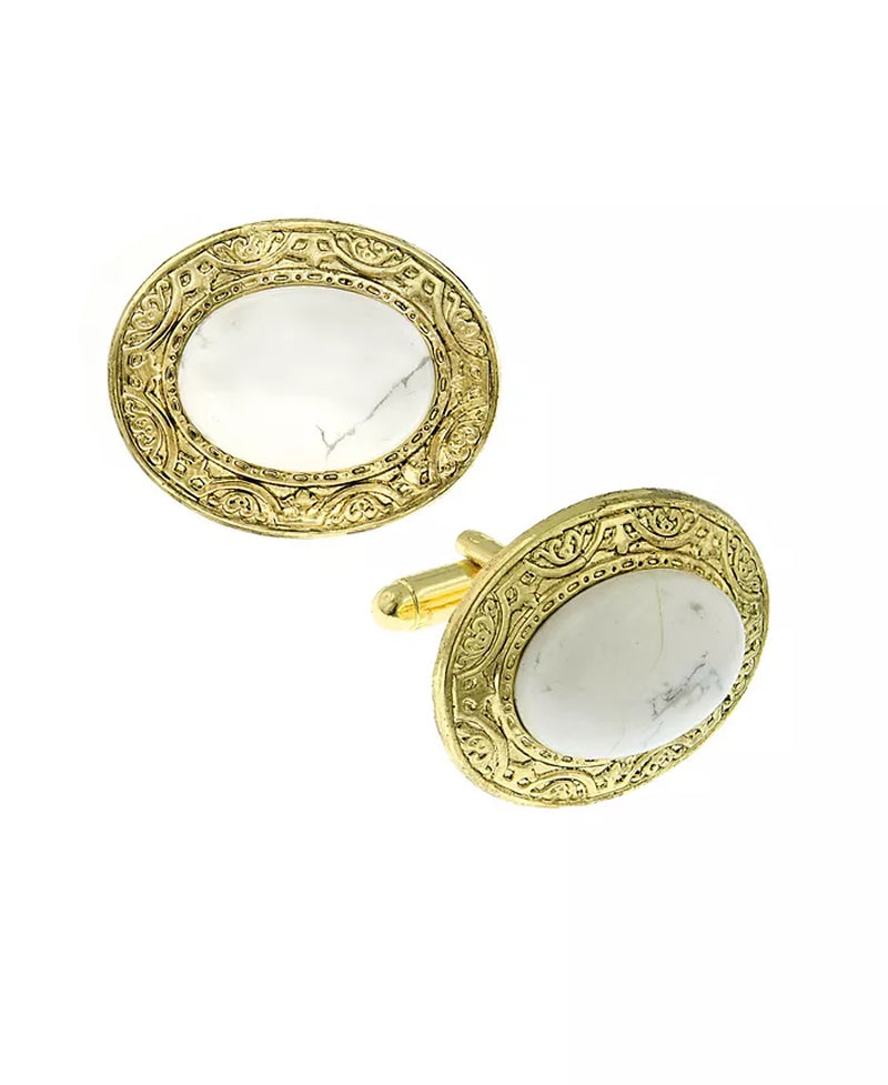 [14K] Gold  Plated Semi-Precious Howlite Oval Cufflinks