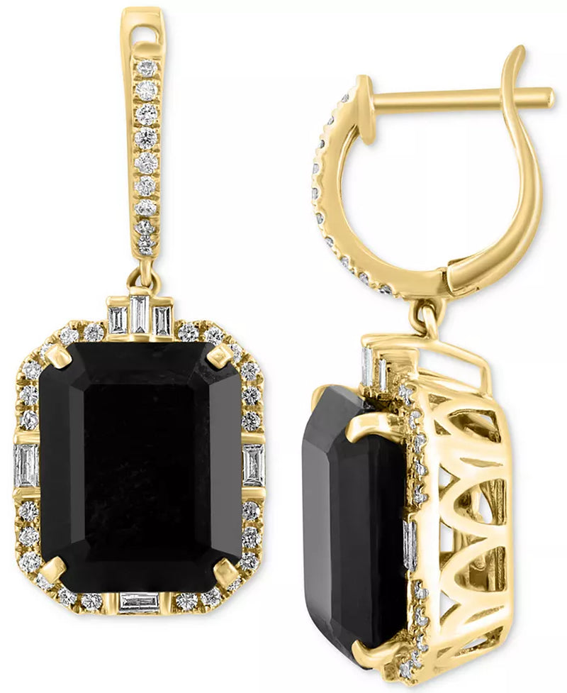 [14K, 3/8 Ct. T.W.] Gold Onyx & Diamond Dangle Hoop Earrings