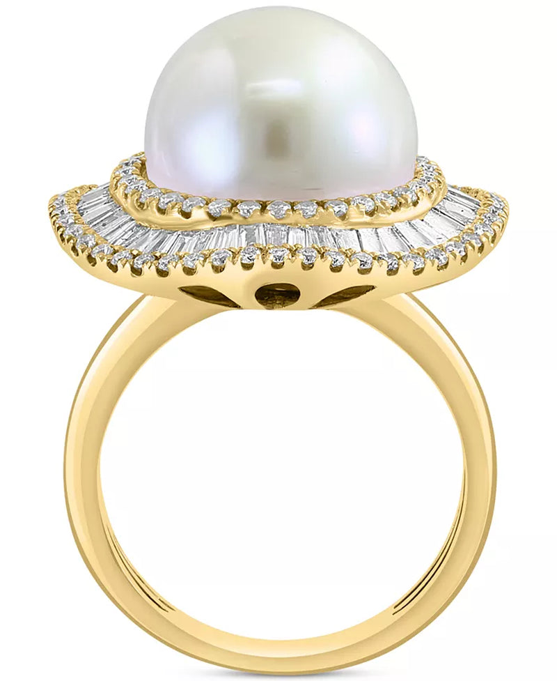 [14K, 1-1/6 Ct. T.W.] Gold  Freshwater Pearl (10Mm) & Diamond Halo Ring