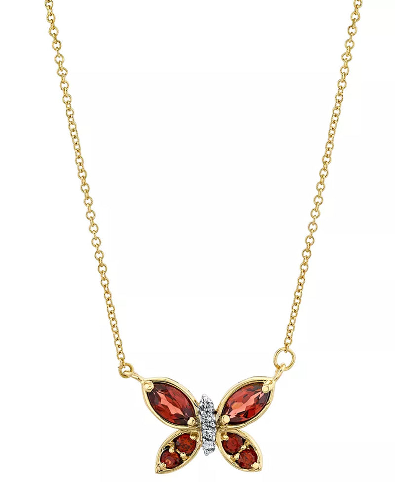 [14K] Gold Rhodolite Garnet (3/4 Ct. T.W.) & Diamond (1/20 Ct. T.W.) Butterfly Necklace