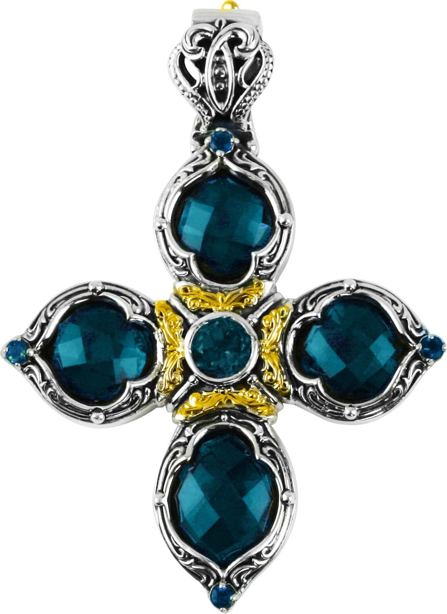 [18K] Yellow Gold Sterling Silver With London Blue Topaz Cross