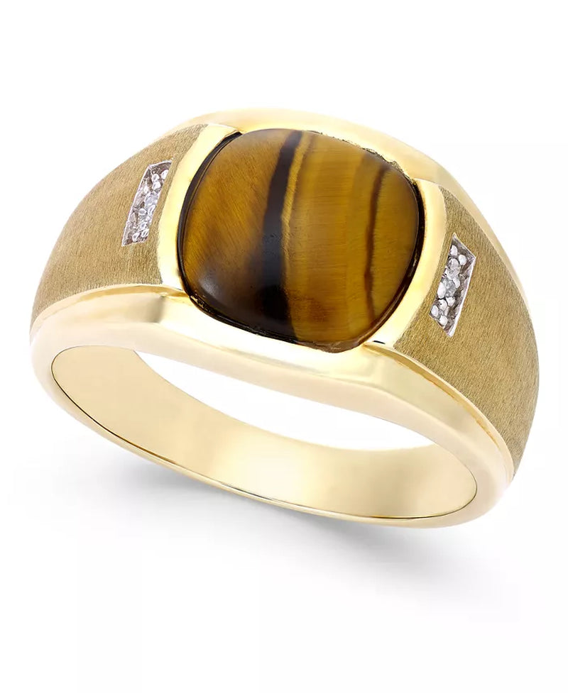 [10K, 10Mm] Gold Men's Tiger Eye & Diamond Accent Ring