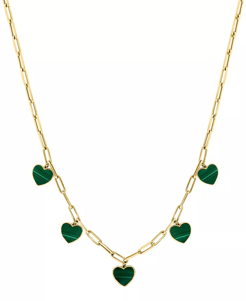 EFFYÂ® Malachite Heart Dangle Paperclip Link 16" Collar Necklace in 14K Gold