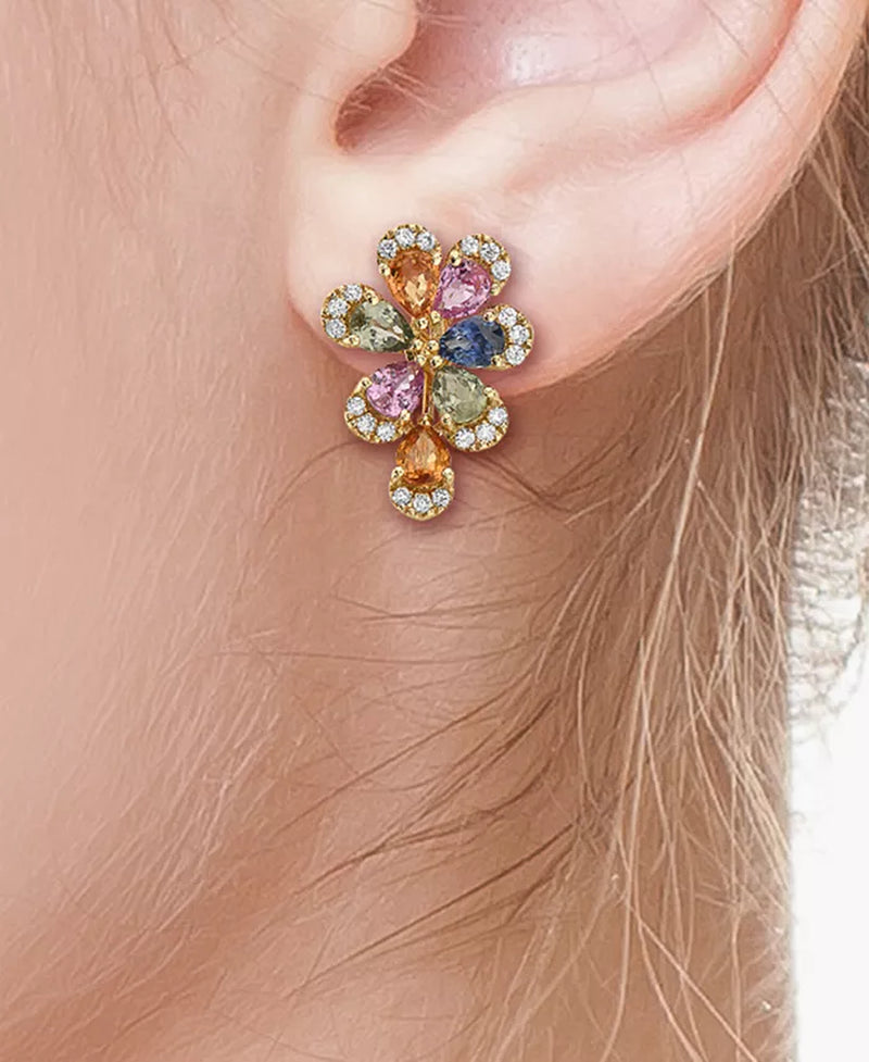 [14K] Gold Multi-Sapphire (2-1/2 Ct. T.W.) & Diamond (1/5 Ct. T.W.) Flower Stud Earrings