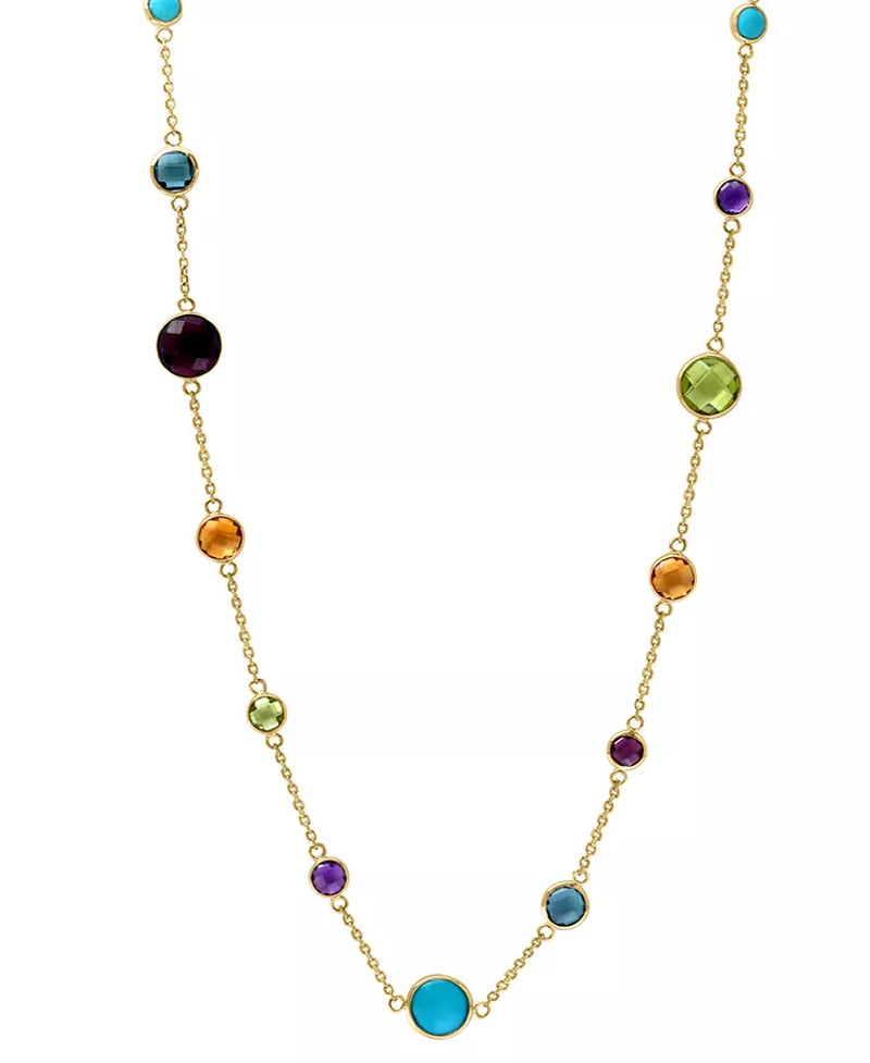 [14K, 7-7/8 Ct. T.W.] Gold Multi-Gemstone Turquoise Bezel Statement Necklace