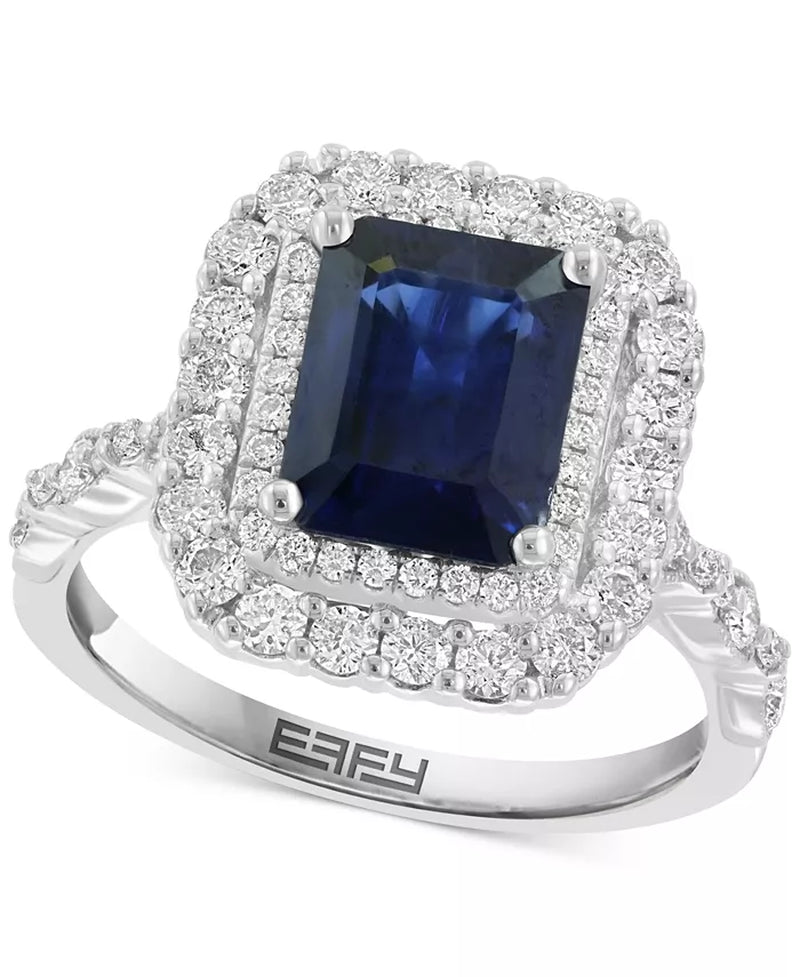 EFFYÂ® Emerald-Cut Blue Sapphire (2-3/8 Ct. T.W.) & Diamond (7/8 Ct. T.W.) Double Halo Ring in 14K White Gold