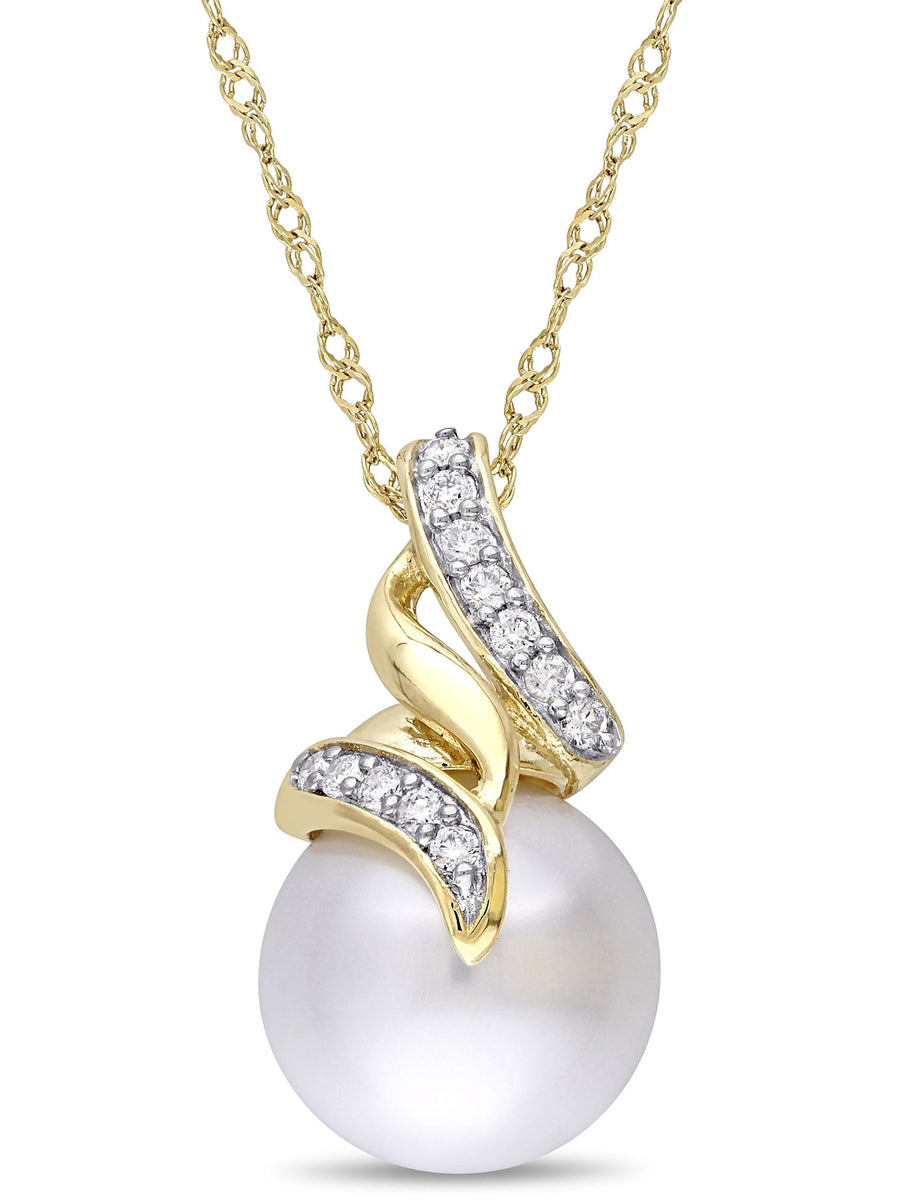 [14K] Yellow Gold Cultured Pearl & Diamond Necklace