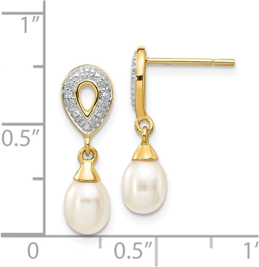 [14K, .01Ct ] Yellow Gold White Teardrop Cultured Pearl Diamond Earrings