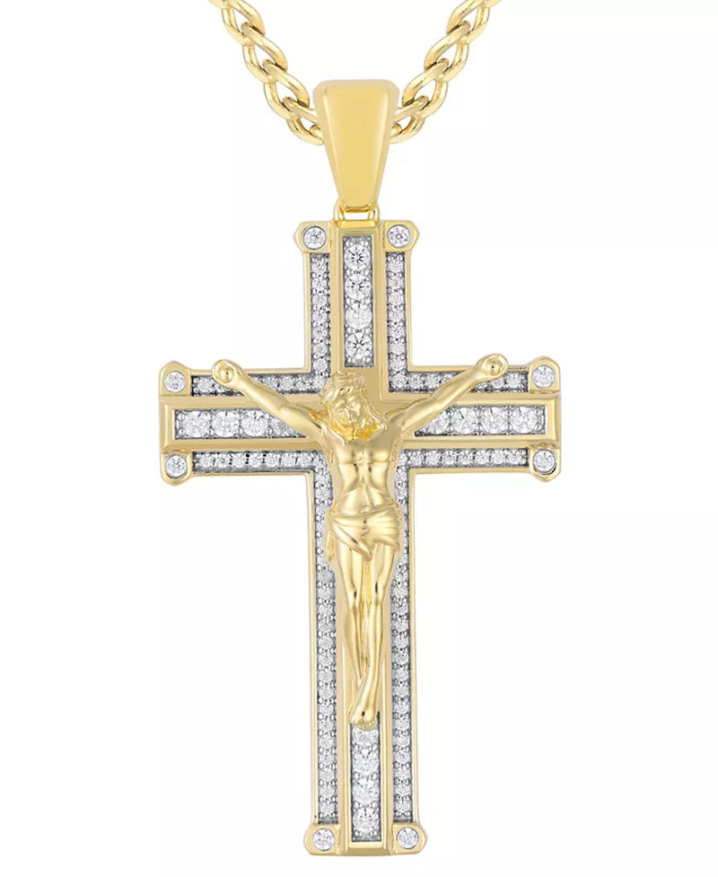 [10K, 1 Ct. T.W.] Gold Men's Diamond Crucifix Cross 22" Pendant Necklace