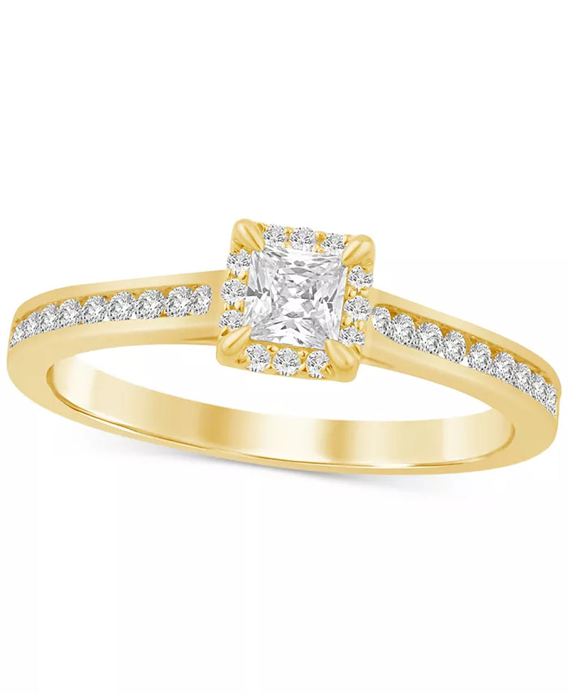 [14K, 1/2 Ct. T.W.] Gold Diamond Princess Halo Engagement Ring