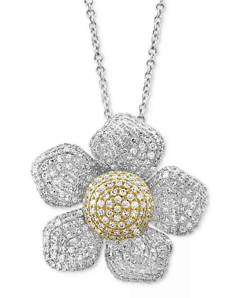 [14K, 1-3/8 Ct. T.W.] Two-Tone Gold Diamond Pavé Flower 18" Pendant