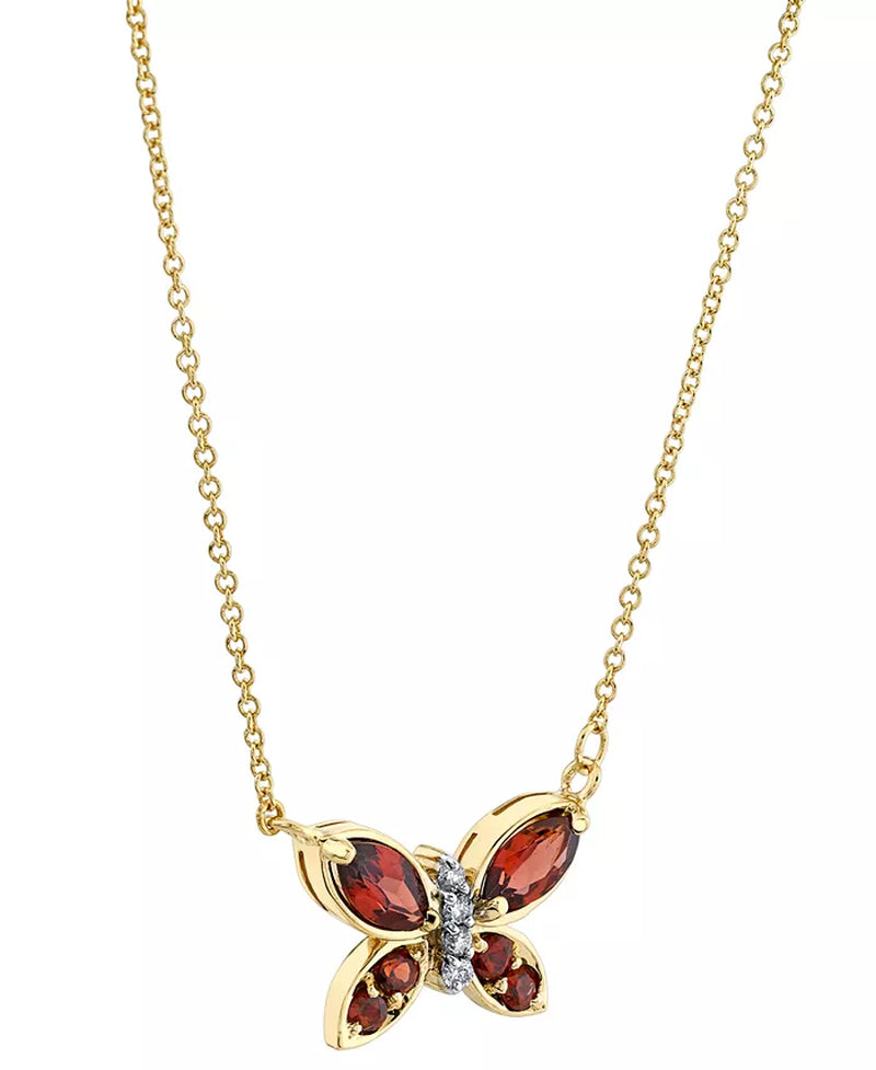 [14K] Gold Rhodolite Garnet (3/4 Ct. T.W.) & Diamond (1/20 Ct. T.W.) Butterfly Necklace