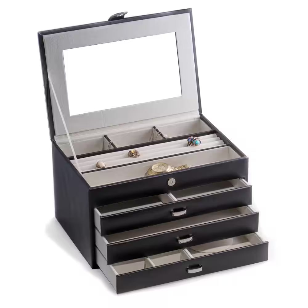 Black Leather 4-Level Jewelry Box with Multi-Compartments, Mirror 3-Drawers Soft Velour Lined and Snap Closure