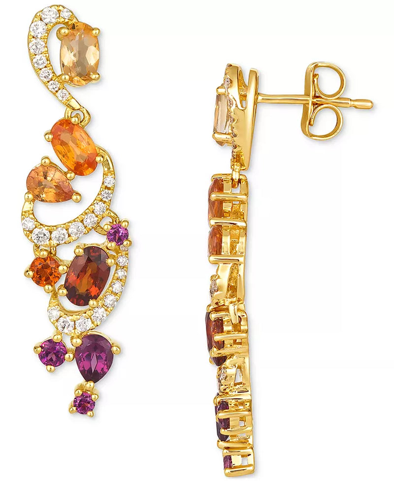 [14K] Gold Multi-Gemstone (2-1/2 Ct. T.W.) & Vanilla Diamond (1/4 Ct. T.W.) Swirl Drop Earrings