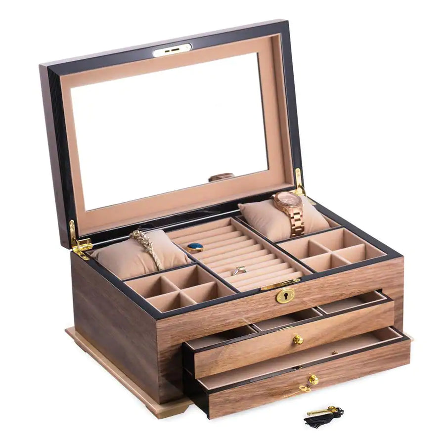  3-Level Walnut Lacquered Wood Jewelry Box 