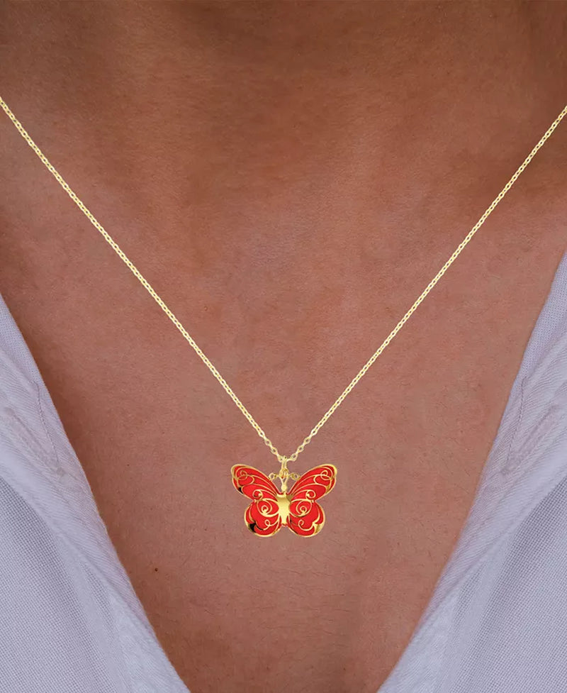 [14K] Gold Enamel Butterfly 18" Pendant