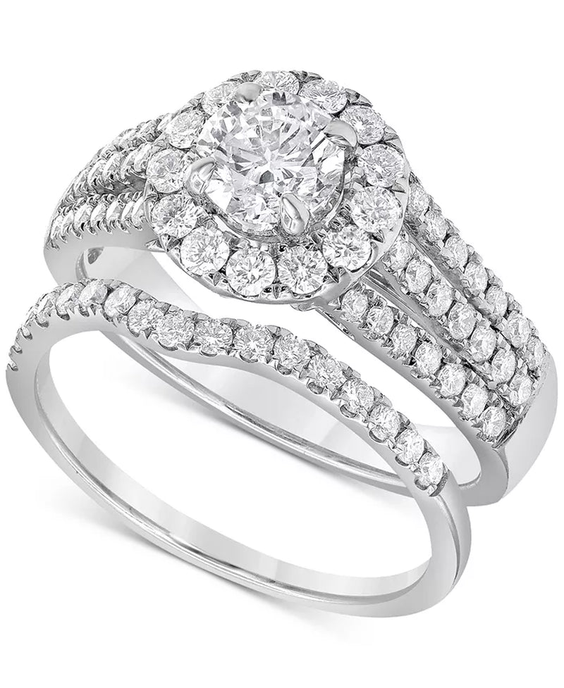 [14K, 1-3/4 Ct. T.W.] White Gold Diamond Halo Triple Row Bridal Set