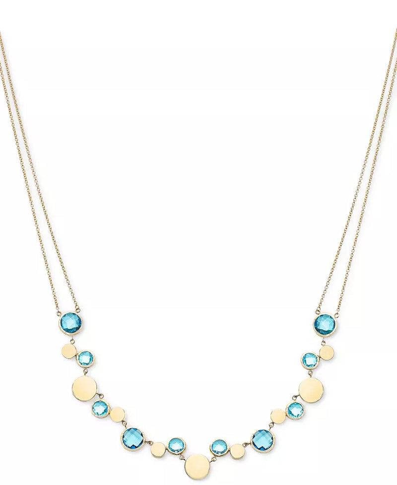 [14K , (14-3/4 Ct. T.W.] Gold Multi-Blue Topaz & Polished Disc Double Strand 18" Collar Necklace