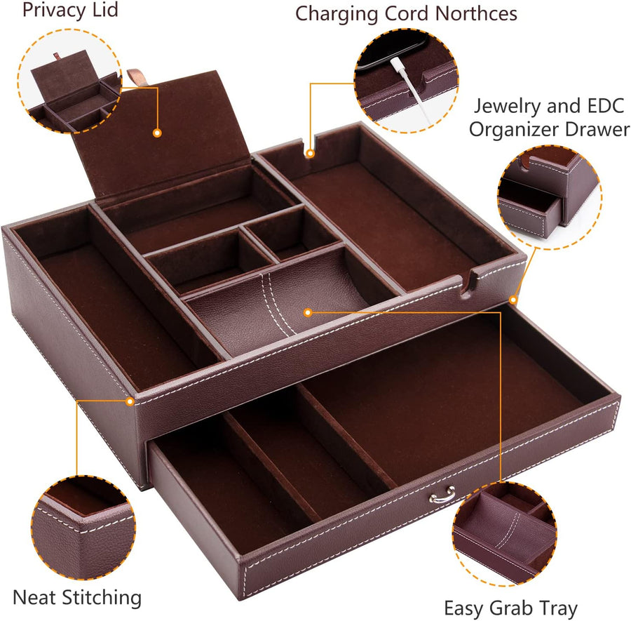 Valet Tray 2 Layers Nightstand Leather Jewelry Box Organizer