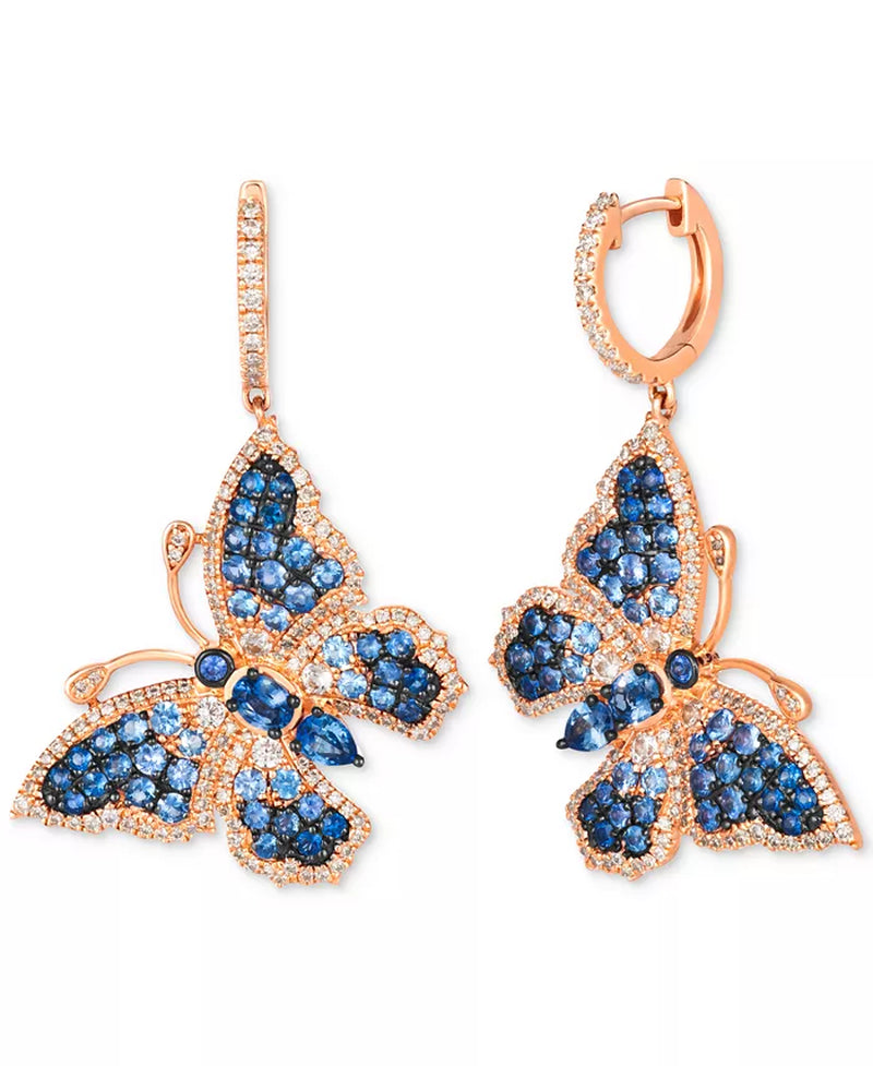 [14K] Rose Gold Multi-Sapphire (3-1/4 Ct. T.W.) & Diamond (7/8 Ct. T.W.) Butterfly Drop Earrings